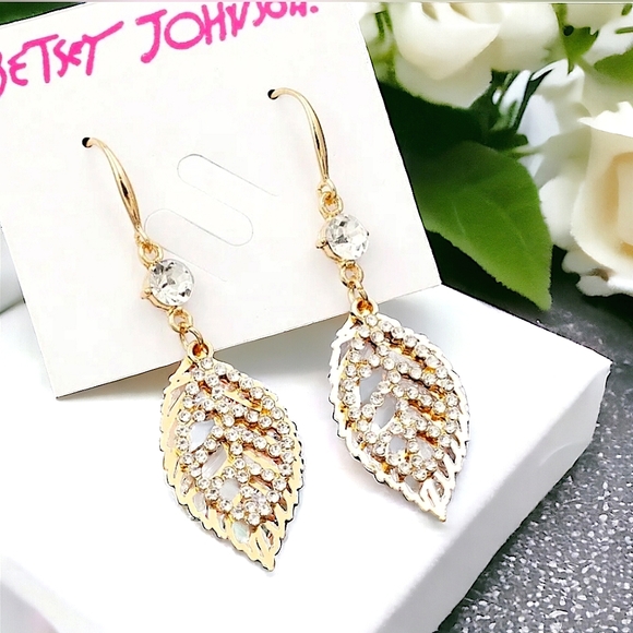 Gold-plated crystal double Leaf Drop earrings with silver post BOGO - Picture 1 of 14